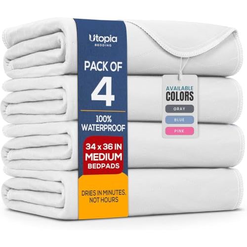 4 Pack Waterproof Reusable Heavy Absorbency Incontinence Bed Pads 34"x36" | Utopia Bedding Washable Underpads, Chuck Pads for Adults, Kids, Elderly and Pets, Bedwetting Pads for Sofa and Couch, White