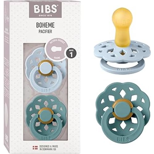 BIBS Boheme Soother 2-Pack. BPA Free Dummy Pacifier, Symmetrical Nipple. Natural Rubber Latex, Made in Denmark. 0-6 Months (Pack of 2), Baby Blue/Island Sea