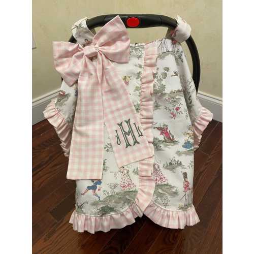 Nursery Rhyme Toile Car Seat Canopy with Gingham Large Bow and Ruffle, Monogrammed Car Seat Tent, Personalized Baby Shower Gift