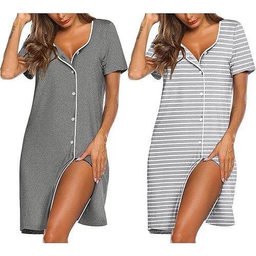 Ekouaer Nightgowns for Women 2 Pack Button Down Sleepshirt Short Sleeve Nightshirt Soft Sleepwear V Neck Pajama Dress