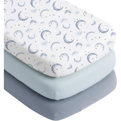 Konssy Silky Soft Bassinet Sheets 3 Pack, Ultra-Stretchy Bassinet Mattress Sheets 33"x 21" for Baby Girl Boy, Compatible with Baby Delight, Dream On Me, AMKE and Other Rectangle Mattress (Blue Moon)