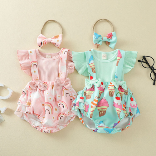 Baby Girl Ribbed Ruffle Sleeves Top & Suspender Skirt & Bow Headband - hibobi