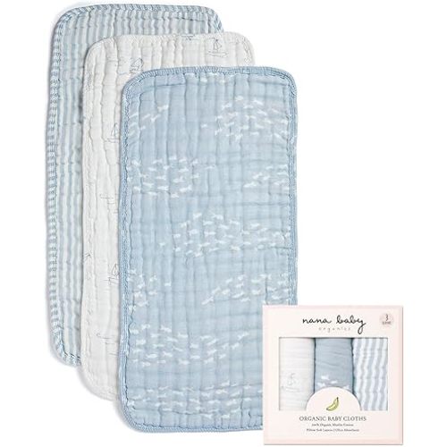 Nana Baby Burp Cloths – 100% Organic Cotton, Oversized & Hypoallergenic, 8-Layer Muslin, Machine Washable, Neutral Unisex Colors, Gentle on Sensitive Skin, Set of 3 (Blue)