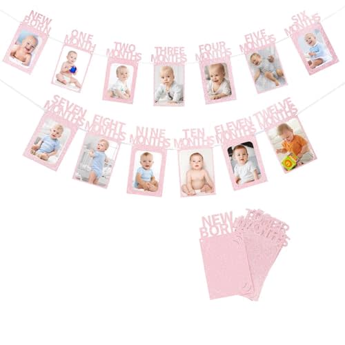 4'' x 6'' or 5'' x 7'' 1st Birthday Photo Banner and Happy Birthday Banner from Newborn to 12 Months, First Birthday Photo Banner Decorations for Baby Shower (Light Pink)