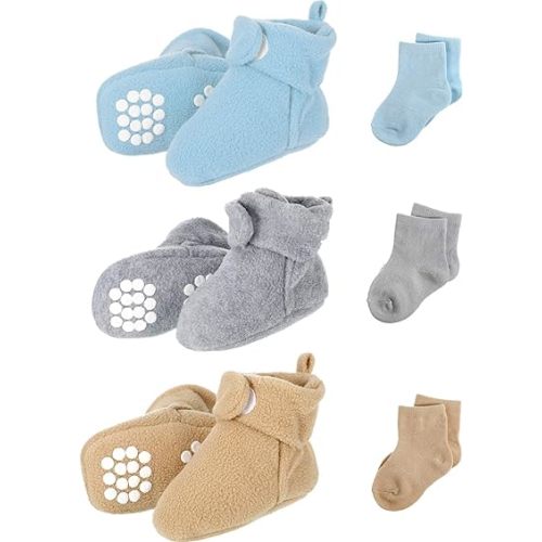 SATINIOR 3 Pairs Unisex Cozy Fleece Baby Booties with 3 Pairs Infant Cotton Socks