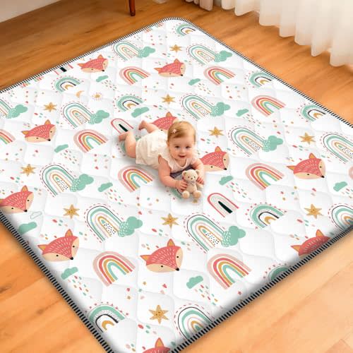 Baby Play Mat for Floor,50x50 Inch Soft Padding Crawling Mat for Playpen, Foldable and Machine Washable, Thick for Babies & Toddlers,Rainbow Fox