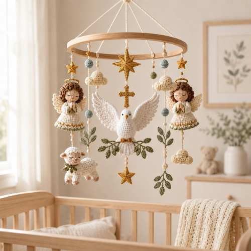 Christian Baby Mobile, Crochet Angel Dove Lamb Crib Mobile, Religious Nursery Decor, Baptism Gift, Baby Shower Gift