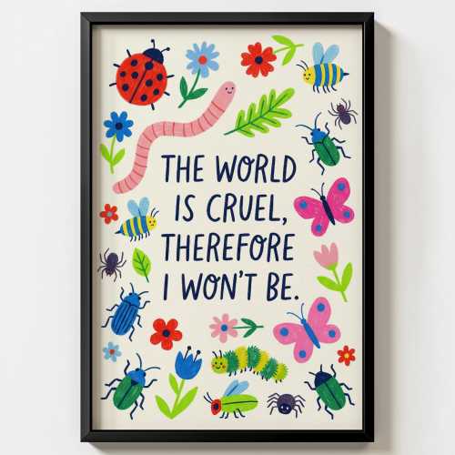 The World is Cruel Crayon Drawing Wall Art Print | Colorful Insect Illustration decor