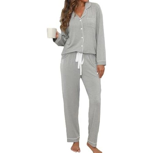 ZMJ Womens Pajamas Sets 2 Piece Long Sleeve and Pant Pj Sets Button Up Sleepwear