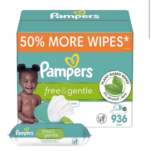 Pampers Baby Wipes, Free & Gentle, Hypoallergenic and Unscented Wipe, 100% Plant Based, Plastic-Free for Babies, 936 Total (12 Flip-Top Packs)