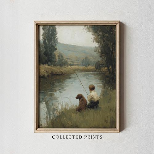Vintage Boy Fishing Print: Rustic Lakeside Nursery Wall Art with Dog