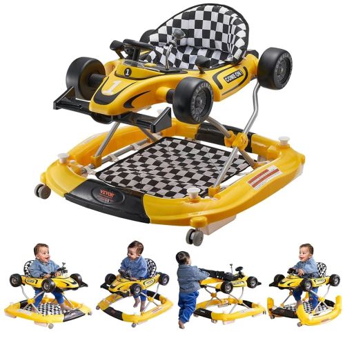 VEVOR 4-in-1 Baby Walker, Foldable Baby Activity Center on Wheels, Adjustable Height, Light, Steering Wheel, Car Shape | Learning-Seated | Walk-Behind | Rocker Toddler Walker for 6-24 Month Boys Girls