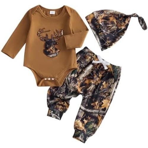 Newborn Baby Boy Hunting Outfit Deer Mallard Duck Romper Jungle Camo Pants Set Hat 3 Piece Fall Winter Clothes
