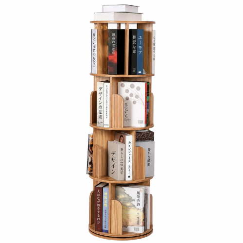 Rotating Bookshelf, 4-Tier 360-Degree Spinning Bookcase Tower with Adjustable Shelves, Round Corner Storage Organizer, P2 MDF and Metal Frame, Walnut, for Bedroom, Living Room and Kids’ Room