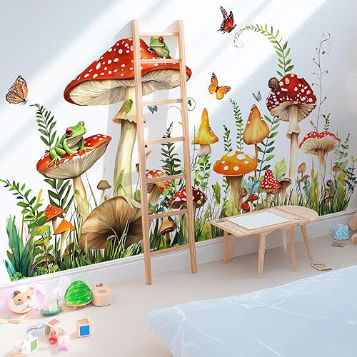 VePret Mushroom Wall Decals Peel and Stick, Large Frog Butterflies Grass Vinyl Wall Stickers, Removable Home Decor Art for Bedroom Living Room Classroom Office