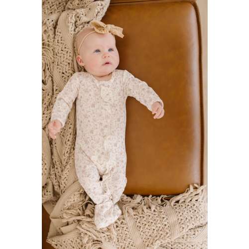 Light Mauve Floral Ruffle Sleeper: Ribbed Cotton Romper with Fold-Over Cuffs, Jammies, Zipper Sleeper