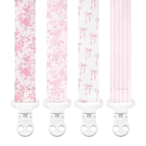 Stadela Baby Fabric Pacifier Clip Holder, Plastic Clip, 4‑Pack, Toile de Jouy Pattern, Giselle Set