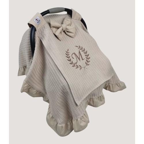 Custom Handmade Knit Beige Baby Car Seat Cover with Peekaboo Mesh Window in Beige