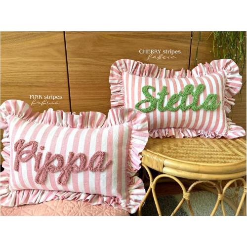 CHERRY STRIPES Personalised Ruffled Cushion Handmade Punch Needle Decor | Nursery Kids Room Styling | Custom Gift Baby Shower