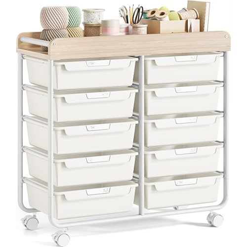 Rolling Storage Cart with 10 Large Drawers, Utility Cart with Wooden TableTop for Craft Organizers, Art Supply Storage, Home Office Organization, Cart with Wheels for Classroom, School (Cream White)
