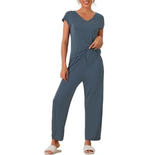 cheibear Women's Short Sleeve V-Neck Top with Long Pants Modal Casual 2 Pcs Loungewear Set Medium Deep Blue