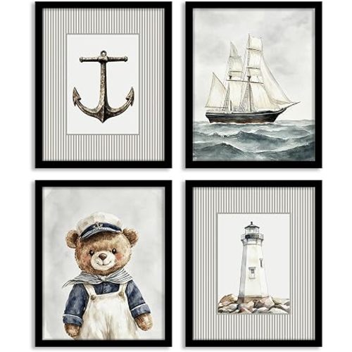 DSHFG Nautical Nursery Beach Wall Art Set of 4, Retro Coastal Ocean Kids Room Wall Decor Sailboat Lighthouse Anchor Teddy Bear Prints, Kid Nursery Bathroom Playroom Decor Posters, 8x10 Unframed
