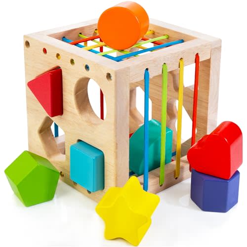 AMAWOOD Montessori Toy for Toddlers, Shape Sorter for Babies, Wooden Shape Sorting Cube with 8 Rattling Blocks Baby Toys, Educational Learning Toy, Best Gift for Your Babies Boys Girls