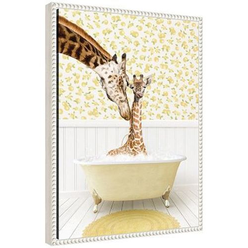 Sylvie Mother and Baby Giraffe in Cottage Yellow Bathtub Framed Canvas by Amy Peterson
