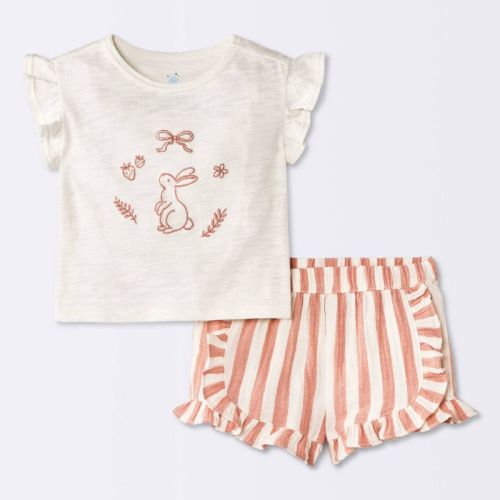 Baby Girls' 2pc Bunny Graphic Embroidered Ruffle T-Shirt and Striped Shorts Set - Cloud Island™ Cream 0-3M