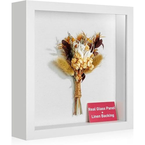 10x10 Shadow Box Frame with Real Glass Panel and Soft Linen Back,White Memorial Shadow Box Picture Frame Display Case 10x10 for Graduation Flower Medal Pet Photo Craft Memorial Gift