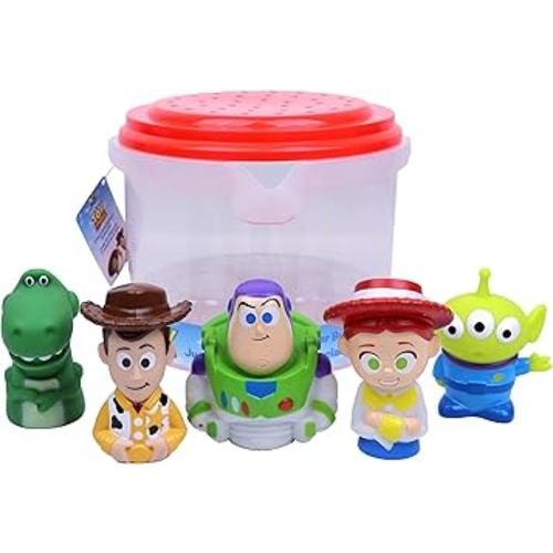 Disney Toy Story- 5 Piece Jumbo Squirter Bucket - Bath Toys for Baby and Toddlers - Includes Organizer Bucket - Store Bath Time Water Toys