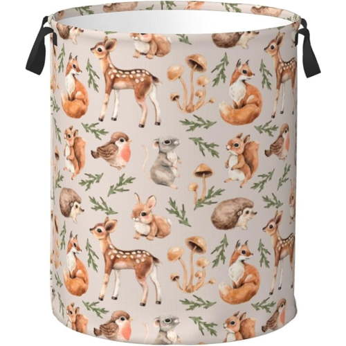 Forest Little Animal Laundry Hamper Bag, Deer Squirrel Hedgehog Fox Round Laundry Basket Foldable Clothes Storage Organizer For Bathroom Bedroom Nursery Dorm