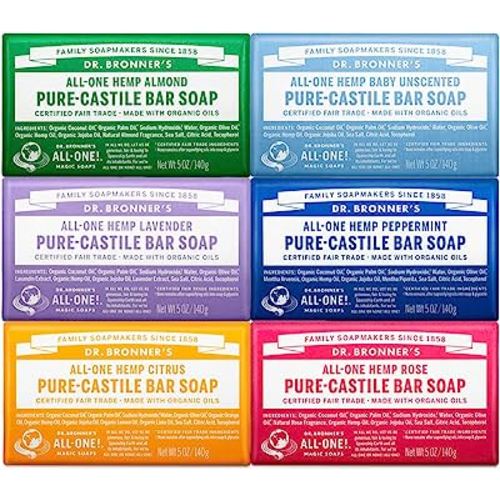 Dr. Bronner's - Pure-Castile Bar Soap (5 Ounce Variety Gift Pack) Almond, Unscented, Lavender, Peppermint, Citrus, Rose - Made with Organic Oils, For Face, Body and Hair, Gentle and Moisturizing