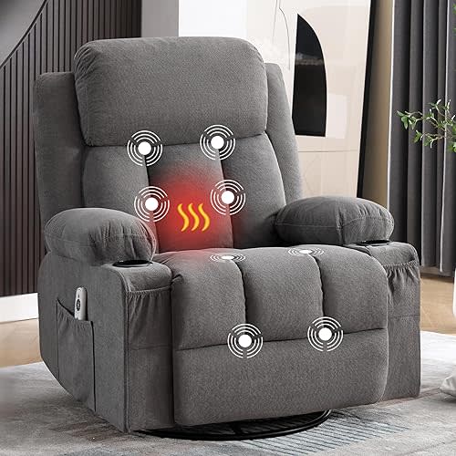 BOSMILLER Swivel Rocker Recliner Chair with Vibration Massage and Lumbar Heating Ergonomic Lounge Chair for Living Room with Rocking Function and Side Pocket, 2 Cup Holders, USB Charge Port