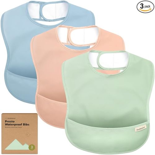3-Pack Waterproof Baby Bibs for Eating - Lightweight Toddler Feeding Bibs with Large Food Catcher, Mess Proof, Food-Grade Baby Eating Essentials, Easy to Put On & Clean (Mellow)
