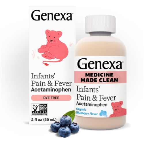 Genexa Infants’ Clean Pain & Fever Acetaminophen, Dye Free, 0% Artificial Additives, Delicious Organic Blueberry Flavor, Liquid Oral Suspension Medicine for Baby, 160 mg per 5mL, 2 fl oz