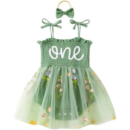 1T Baby Girl First Birthday Outfit Summer Sleeveless Smocked Fairy Berry One Romper Tulle Dress + Headband