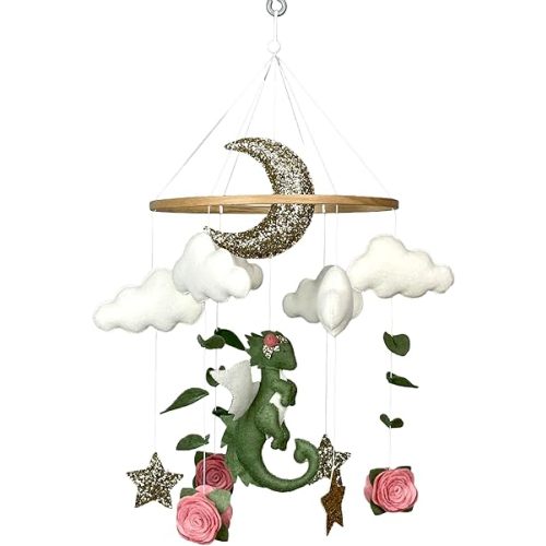 Dragon Mobile for Baby Girl Baby Dragon Nursery Fantasy Nursery Decoration Baby Crib Mobile Handmade Flower Mobile Crib Felt Hanging Mobile New Baby Girl Gift Fantasy Baby Shower