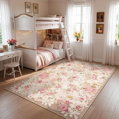 Lahome Washable Area Rug 6x9,Nursery Rug Girl Living Room Rug 6x9, Vintage Girls Rugs for Bedroom Ultra-Thin Non Slip Carpet for Playroom Dining Room Dorm Nina (6'X9',Beige)