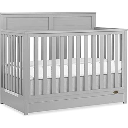 Dream On Me JPMA & Greenguard Gold Certified Reign 5 in 1 Convertible Crib with Under Drawer in Pebble Grey, Made of Sustainable Pinewood, Non-Toxic Water-Based Paint Finish