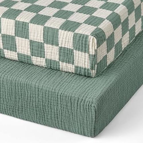 Blissful Diary Muslin Mini Crib Sheets, Pack and Play Mattress Sheets Fitted for Pack N Play, Soft Cotton for Boys Girls, 2 Pack(Sage Checkboard & Sage Green)