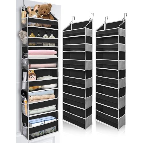 ULG 2Pack-Over The Door Organizer with 6 Large Pockets 12 Side Pockets, 50lbs Weight Capacity Door Hanging Organizer Black