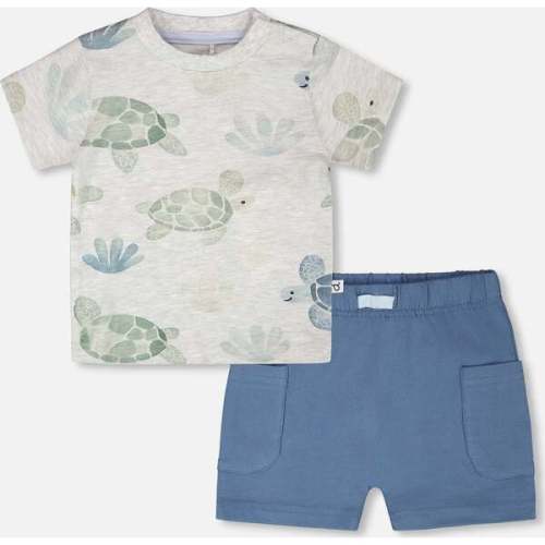 Jersey T-Shirt And Organic Cotton Jersey Shorts Set, Grey Mix Turtle Print & Medium Blue