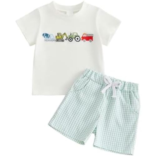 PUHHAPIEY Toddler Baby Boy Back to School Outfit 12 18 24 Months 2T 3T 4T Clothes Short Sleeve Apple Shirts + Plaid Shorts
