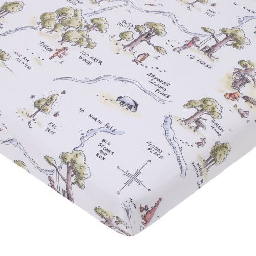 NoJo Disney Classic Winnie the Pooh Sage, Tan, and White, Map of 100 Acre Woods Super Soft Nursery Fitted Mini Crib Sheet
