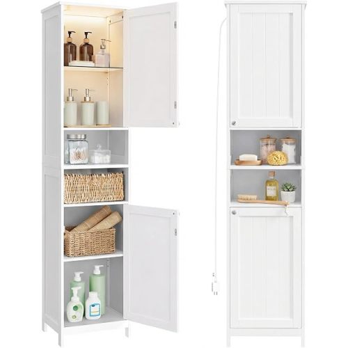 VASAGLE Tall Storage Cabinet with Lights, Slim, 15.7" W, Cloud White