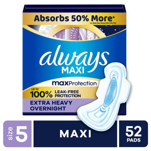 Always Maxi Overnight Pads with Wings for Women, Size 5, Extra Heavy Overnight Absorbency, Unscented, 52 Count HSA/FSA Eligible