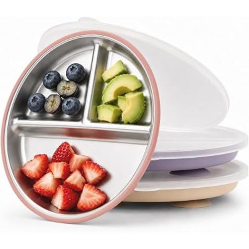 Bakpoco Stainless Steel Suction Plates with Lids for Toddlers & Babies, 9" Divided Kids Plates for 18M-5Y, Kid Growth Family Eating Essentials, 3-Pack