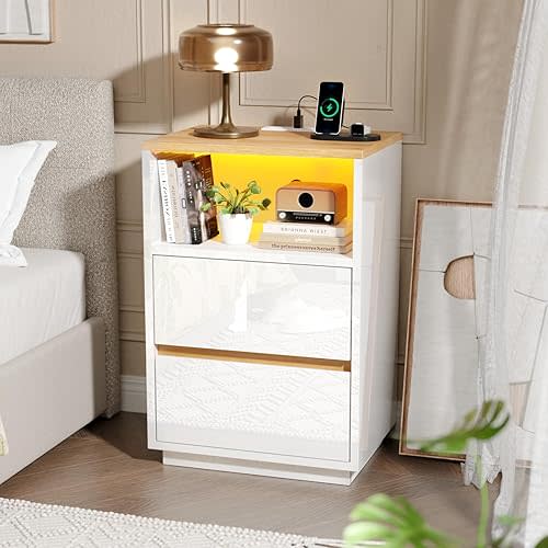 VINGLI White Nightstand with Charging Station, High Gloss Led Night Stand with Drawers, End Table, Bedside Table, Smart Nightstand Modern, Small Night Stand for Bedroom, 15.63" W*11.61" D*23.62" H