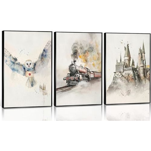 3pcs Magic Nursery Canvas wall art Express train Snowy owl Magic castle Painting Wall Decor Neutral watercolor Poster Print Artwork for Kid Baby Nursery Home Decoration Unframed